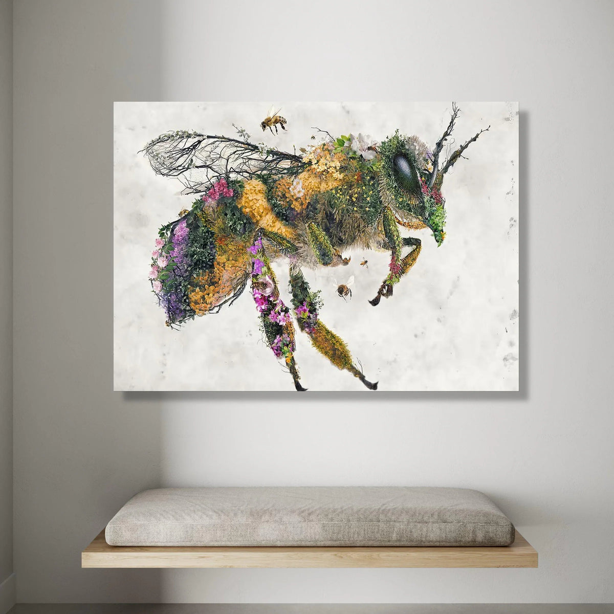 Floral Bee Canvas Wall Art, Nature-Inspired Insect Illustration, Garden Flower Artwork, Vibrant Botanical Print, Modern Canvas Print Art