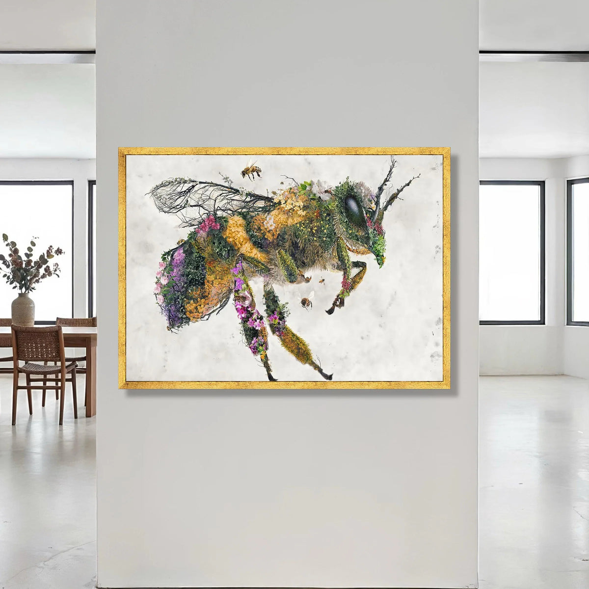 Floral Bee Canvas Wall Art, Nature-Inspired Insect Illustration, Garden Flower Artwork, Vibrant Botanical Print, Modern Canvas Print Art