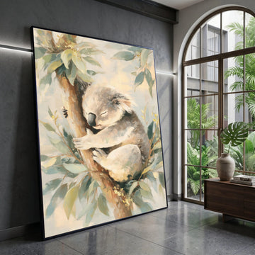 Sleeping Koala Canvas Wall Art, Australian Wildlife Painting, Nursery Animal Decor, Soft Pastel Nature Canvas, Cozy Forest Canvas Print Art