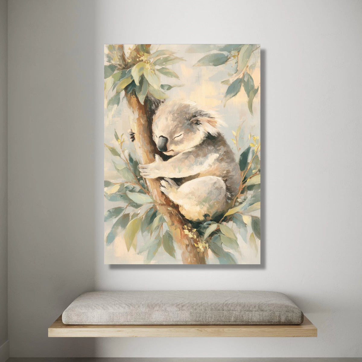 Sleeping Koala Canvas Wall Art, Australian Wildlife Painting, Nursery Animal Decor, Soft Pastel Nature Canvas, Cozy Forest Canvas Print Art