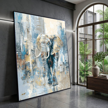 Majestic Elephant Canvas Wall Art, Abstract Wildlife Painting, Nature Animal Decor, Blue and Beige Canvas Art, Ready to Canvas Print Art