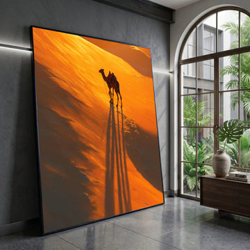 Desert Camel Silhouette Canvas, Sunset Dunes Wall Art, Warm Orange Landscape, Travel Adventure Canvas, Exotic Home Canvas Print Art