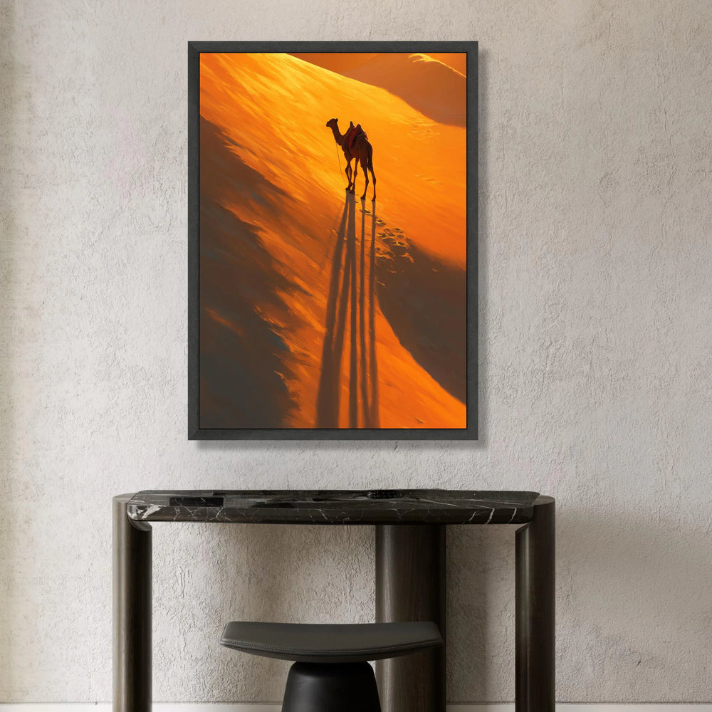 Desert Camel Silhouette Canvas, Sunset Dunes Wall Art, Warm Orange Landscape, Travel Adventure Canvas, Exotic Home Canvas Print Art