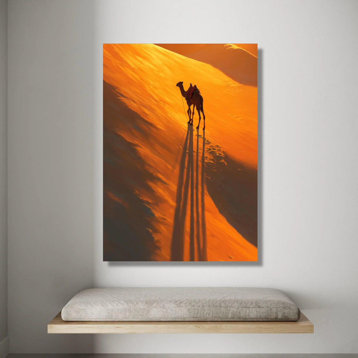 Desert Camel Silhouette Canvas, Sunset Dunes Wall Art, Warm Orange Landscape, Travel Adventure Canvas, Exotic Home Canvas Print Art