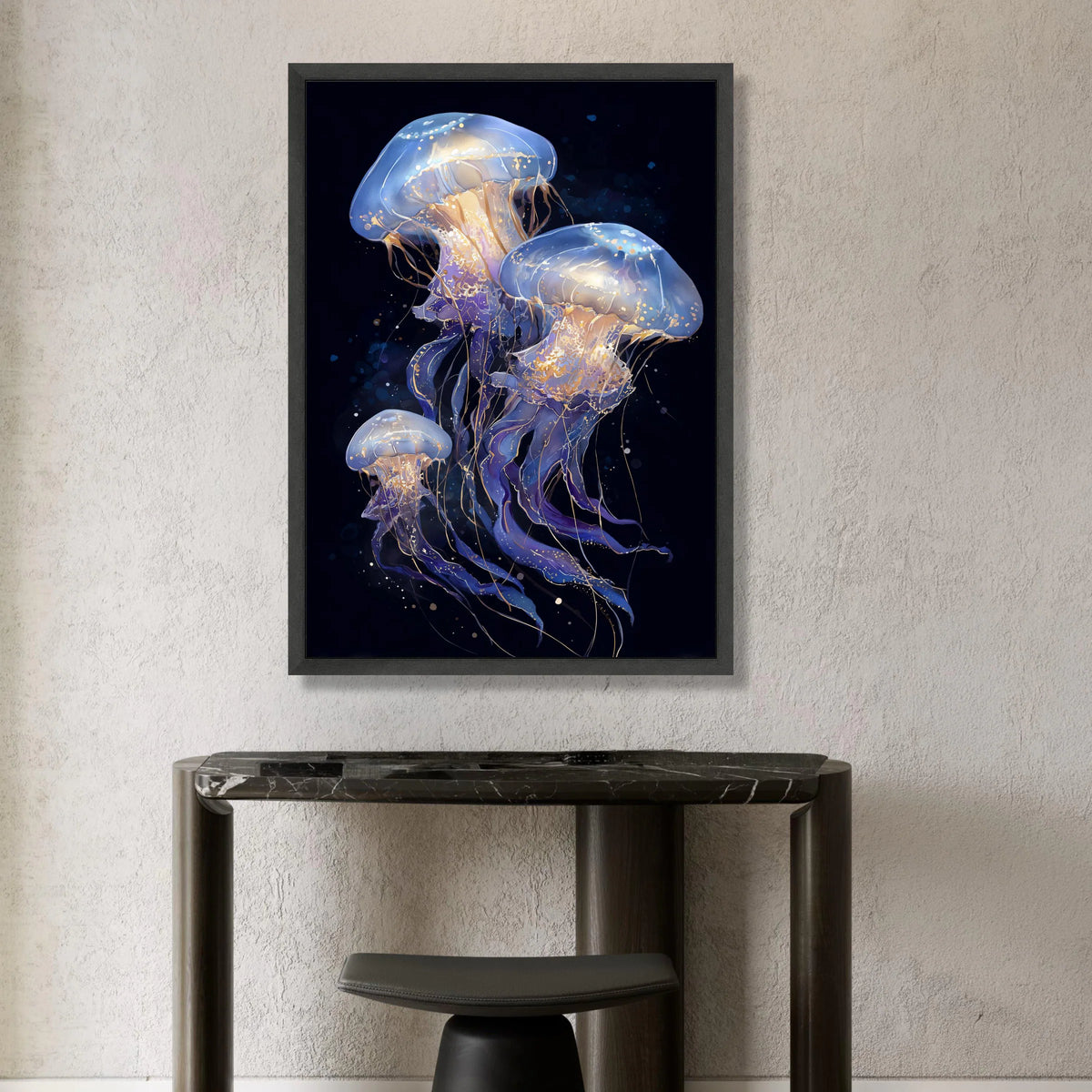 Ethereal Jellyfish Trio Canvas, Ocean Sea Life Wall Art, Marine Creature Illustration, Blue and Gold Underwater Decor Canvas Print Art
