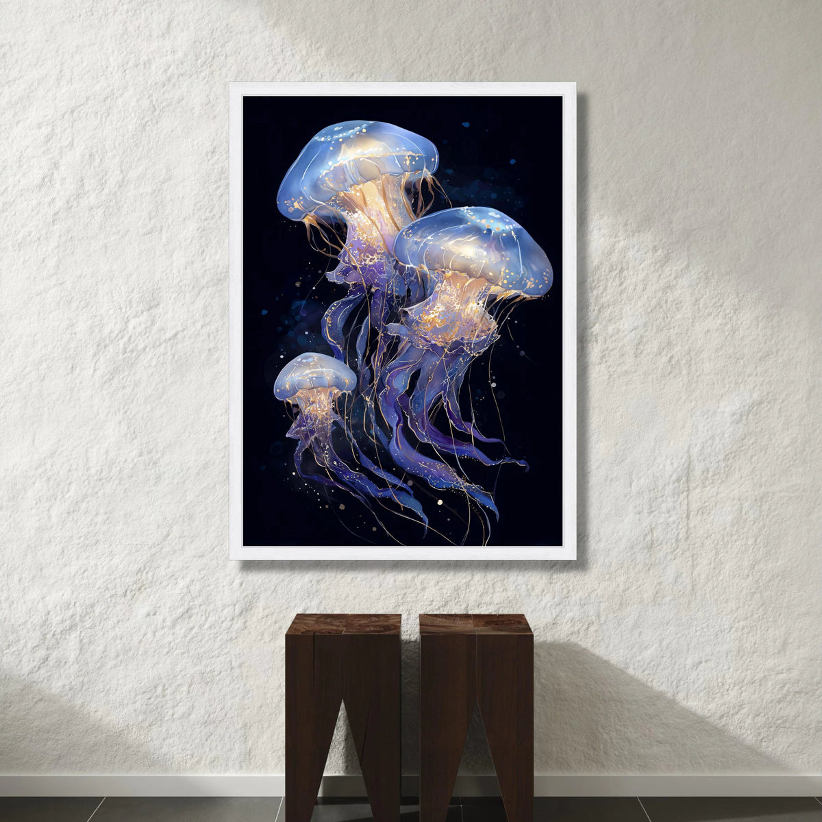 Ethereal Jellyfish Trio Canvas, Ocean Sea Life Wall Art, Marine Creature Illustration, Blue and Gold Underwater Decor Canvas Print Art