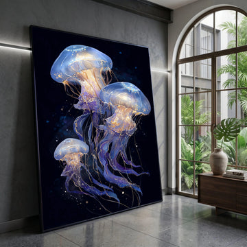 Ethereal Jellyfish Trio Canvas, Ocean Sea Life Wall Art, Marine Creature Illustration, Blue and Gold Underwater Decor Canvas Print Art