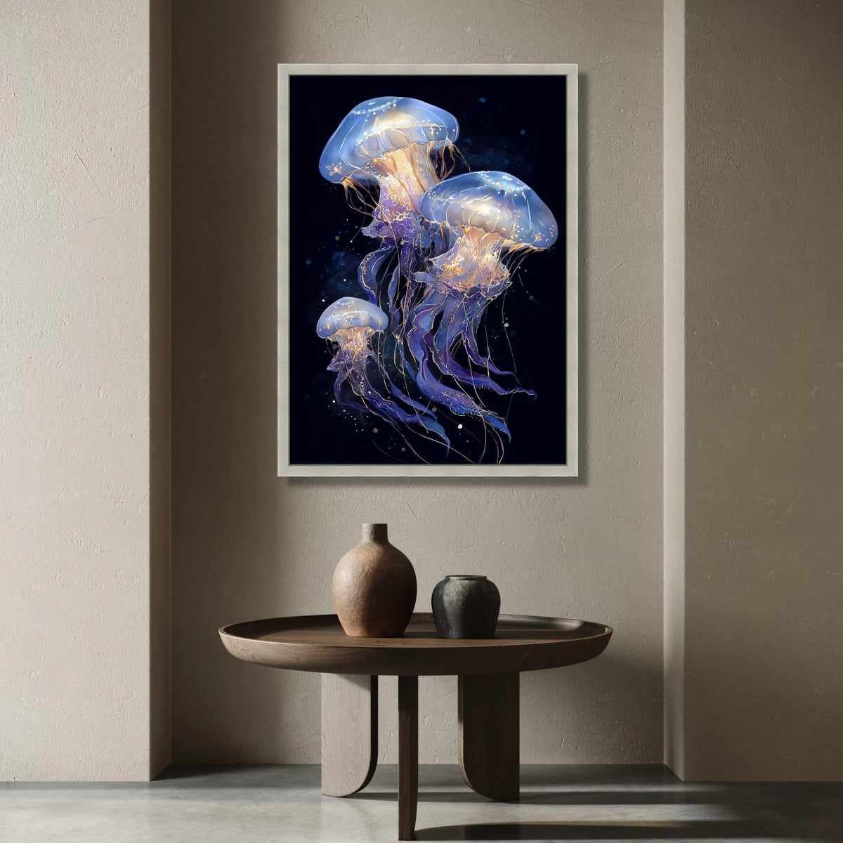Ethereal Jellyfish Trio Canvas, Ocean Sea Life Wall Art, Marine Creature Illustration, Blue and Gold Underwater Decor Canvas Print Art