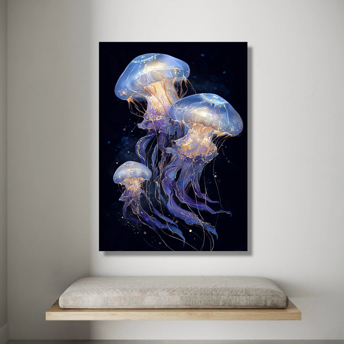 Ethereal Jellyfish Trio Canvas, Ocean Sea Life Wall Art, Marine Creature Illustration, Blue and Gold Underwater Decor Canvas Print Art