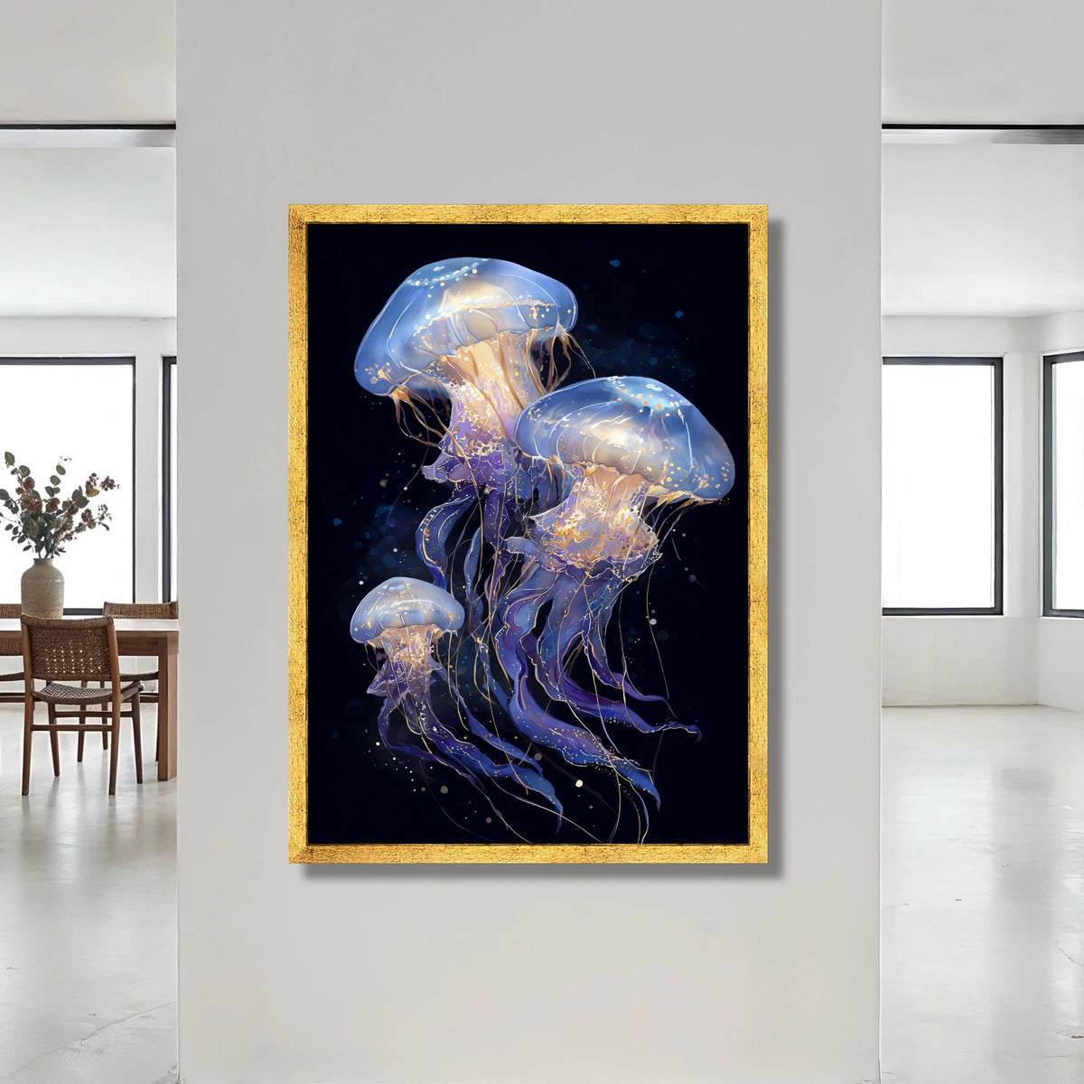 Ethereal Jellyfish Trio Canvas, Ocean Sea Life Wall Art, Marine Creature Illustration, Blue and Gold Underwater Decor Canvas Print Art