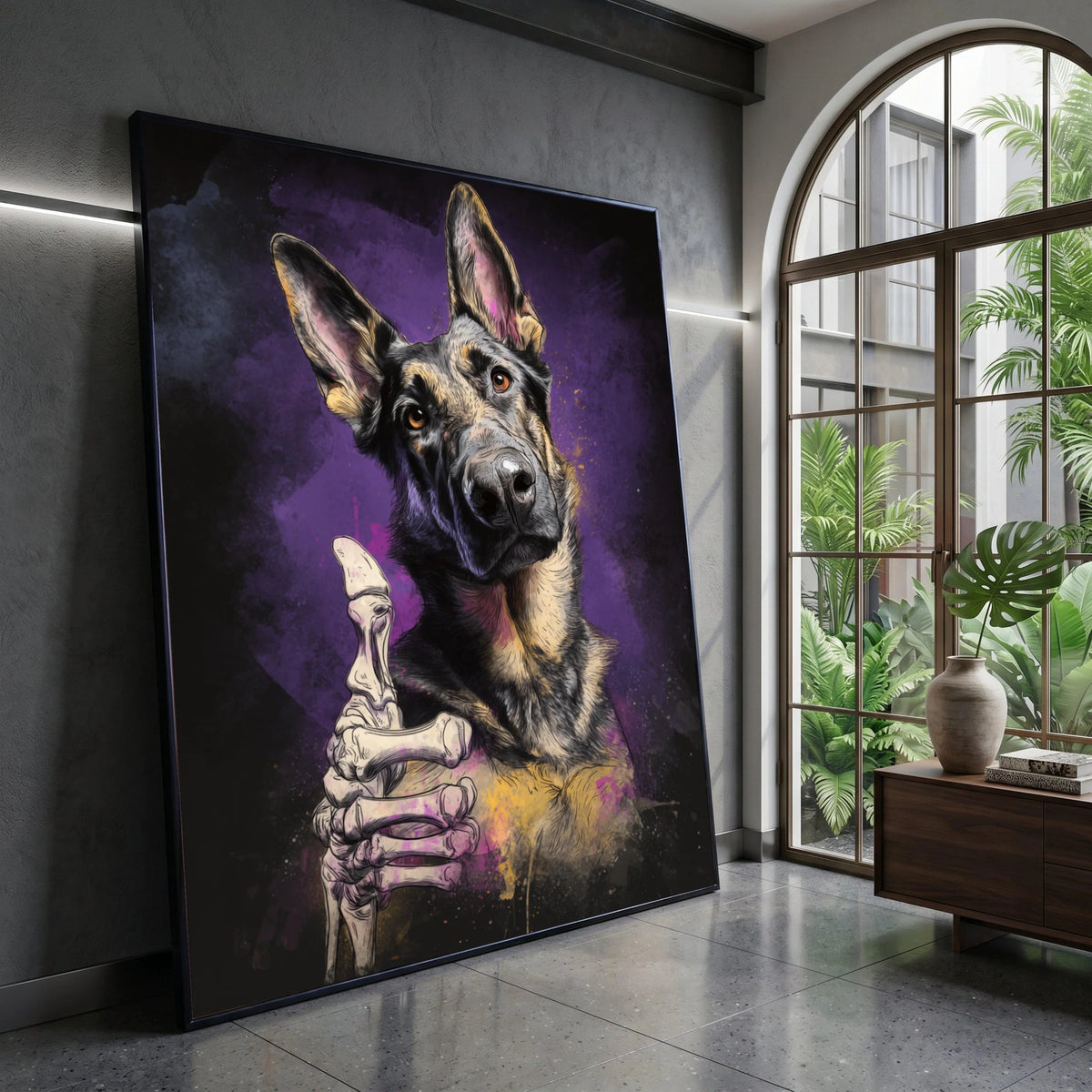 German Shepherd Dog Canvas, Skeleton Hand Art, Humorous Pet Canvas, Modern Animal Wall Art, Unique Home Decoration Canvas Print Art