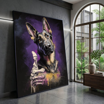 German Shepherd Dog Canvas, Skeleton Hand Art, Humorous Pet Canvas, Modern Animal Wall Art, Unique Home Decoration Canvas Print Art