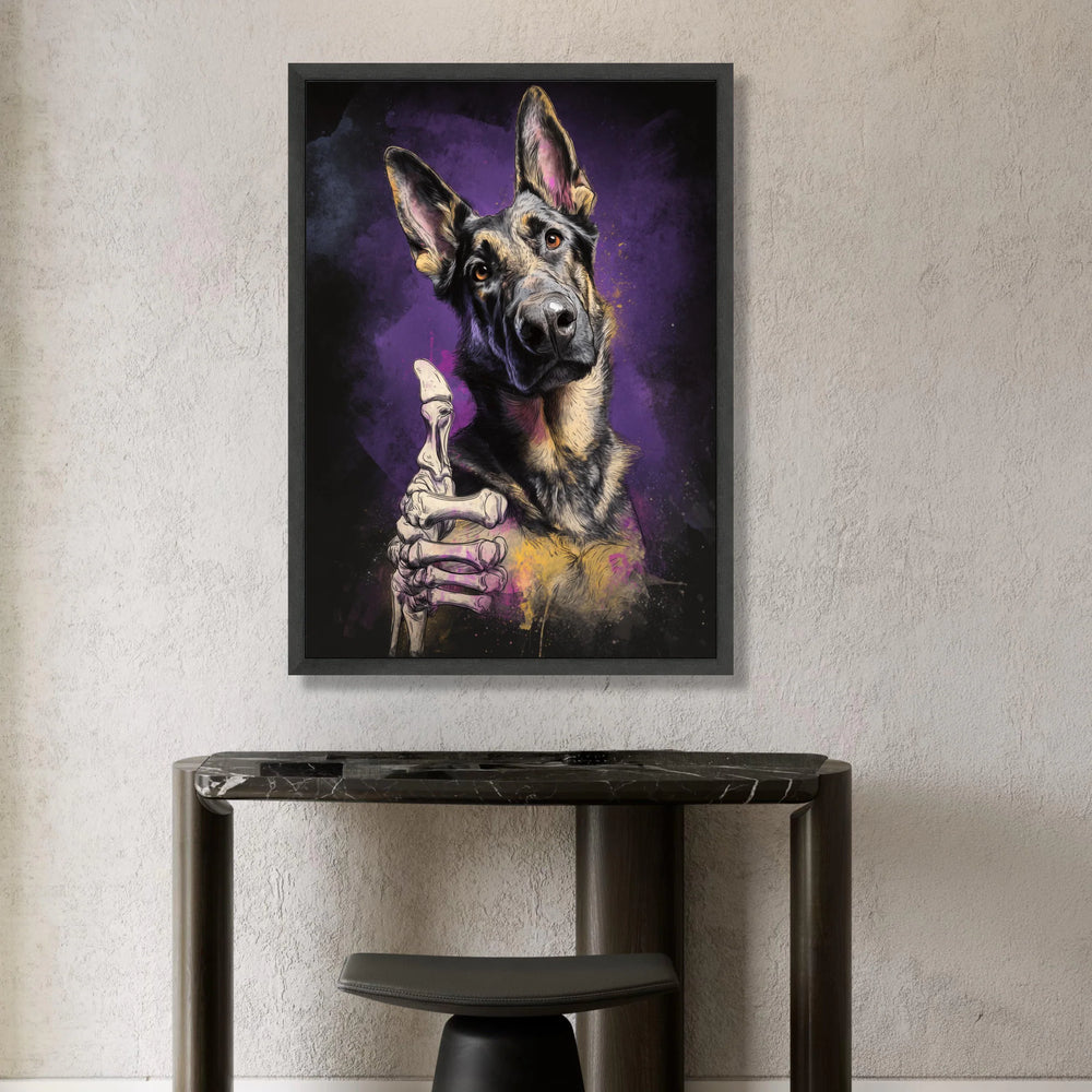German Shepherd Dog Canvas, Skeleton Hand Art, Humorous Pet Canvas, Modern Animal Wall Art, Unique Home Decoration Canvas Print Art