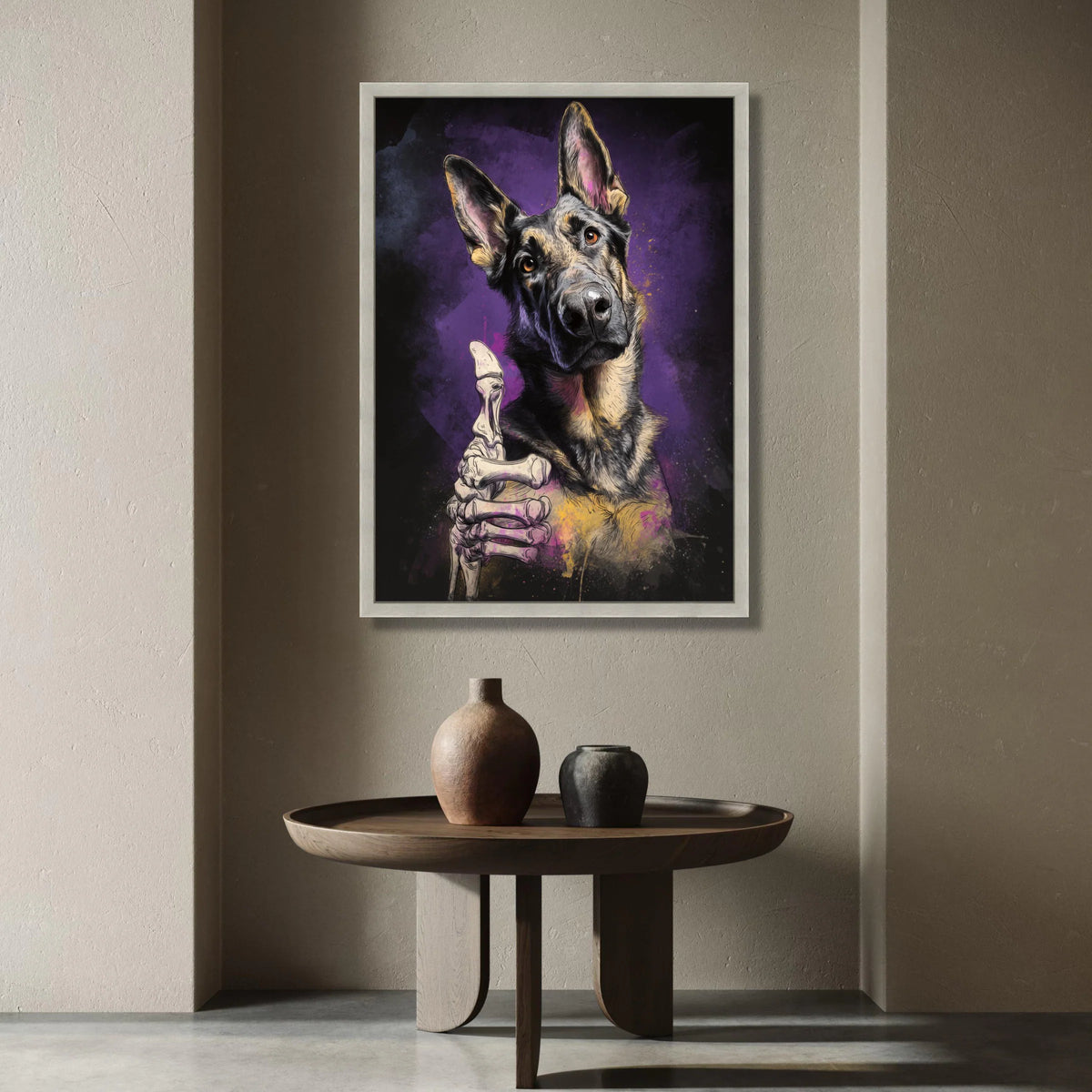 German Shepherd Dog Canvas, Skeleton Hand Art, Humorous Pet Canvas, Modern Animal Wall Art, Unique Home Decoration Canvas Print Art