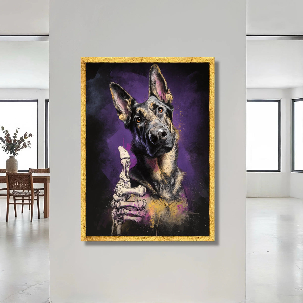 German Shepherd Dog Canvas, Skeleton Hand Art, Humorous Pet Canvas, Modern Animal Wall Art, Unique Home Decoration Canvas Print Art