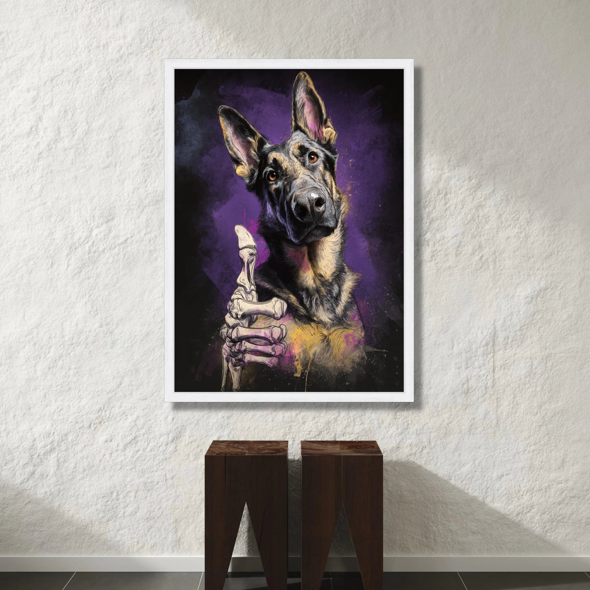 German Shepherd Dog Canvas, Skeleton Hand Art, Humorous Pet Canvas, Modern Animal Wall Art, Unique Home Decoration Canvas Print Art