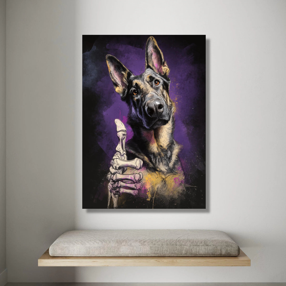 German Shepherd Dog Canvas, Skeleton Hand Art, Humorous Pet Canvas, Modern Animal Wall Art, Unique Home Decoration Canvas Print Art