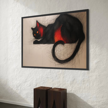 Black Cat with Fiery Red Highlights, Modern Feline Art Canvas, Abstract Cat Wall Decoration, Contemporary Animal Canvas, Canvas Print Art
