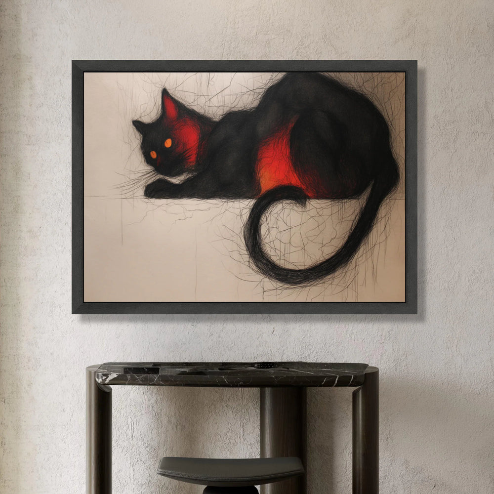 Black Cat with Fiery Red Highlights, Modern Feline Art Canvas, Abstract Cat Wall Decoration, Contemporary Animal Canvas, Canvas Print Art