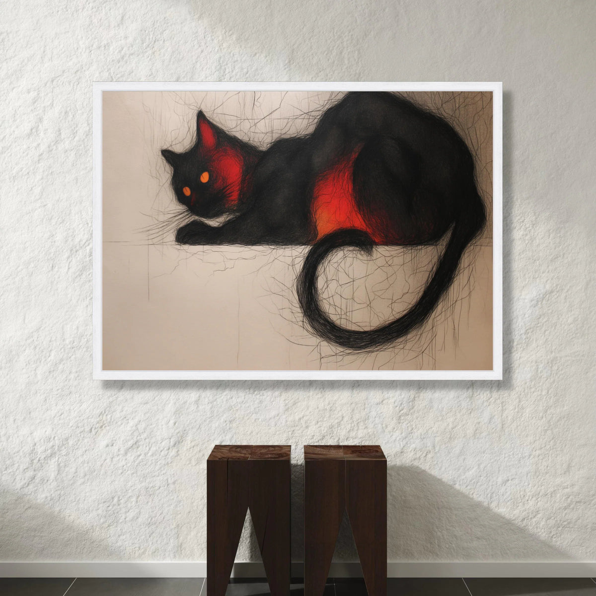 Black Cat with Fiery Red Highlights, Modern Feline Art Canvas, Abstract Cat Wall Decoration, Contemporary Animal Canvas, Canvas Print Art
