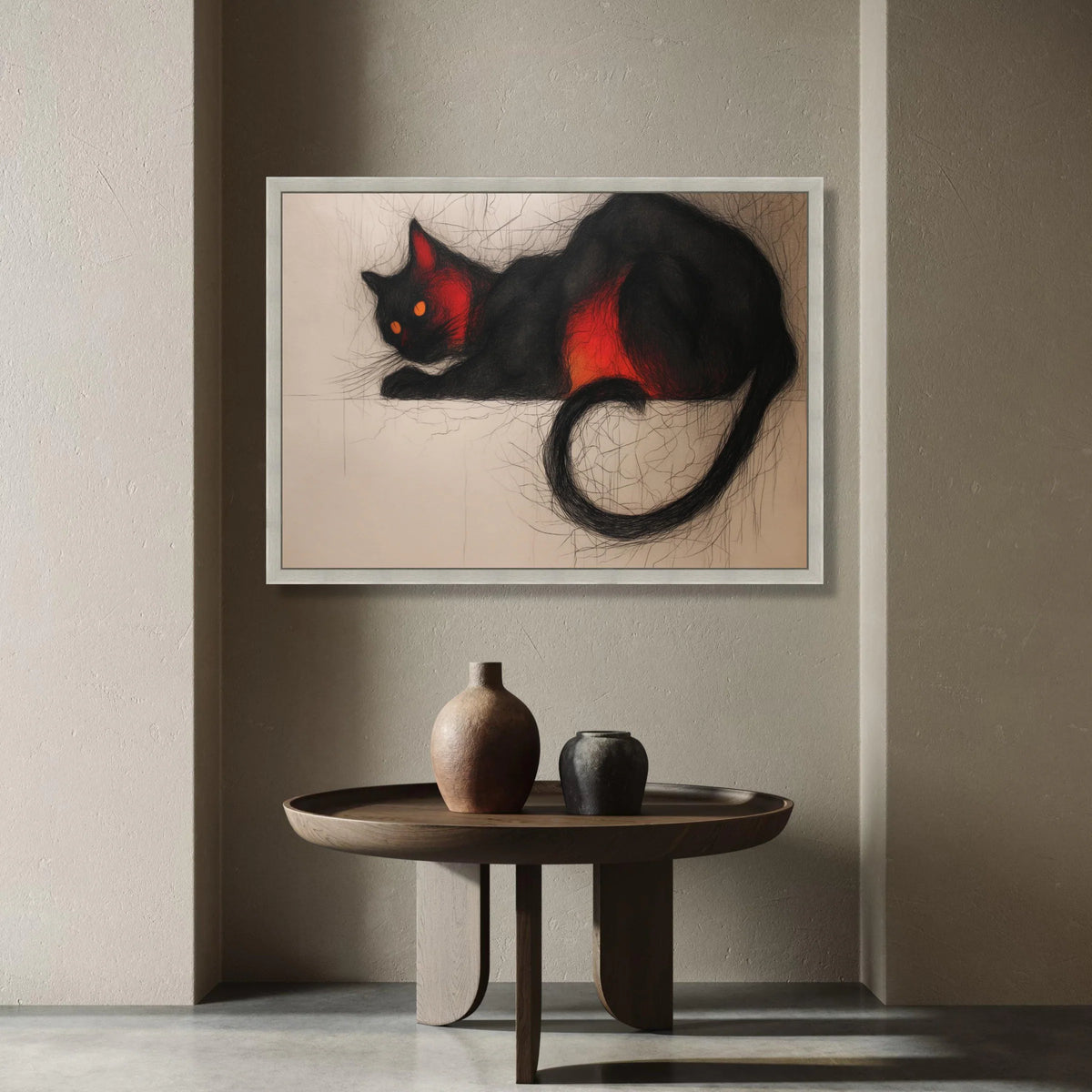 Black Cat with Fiery Red Highlights, Modern Feline Art Canvas, Abstract Cat Wall Decoration, Contemporary Animal Canvas, Canvas Print Art