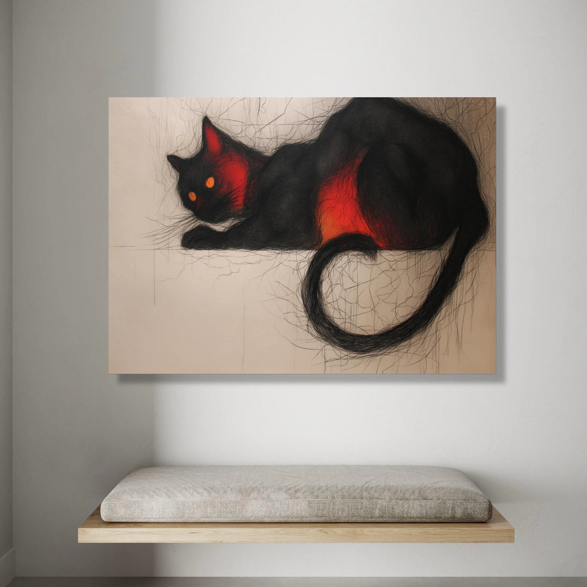 Black Cat with Fiery Red Highlights, Modern Feline Art Canvas, Abstract Cat Wall Decoration, Contemporary Animal Canvas, Canvas Print Art