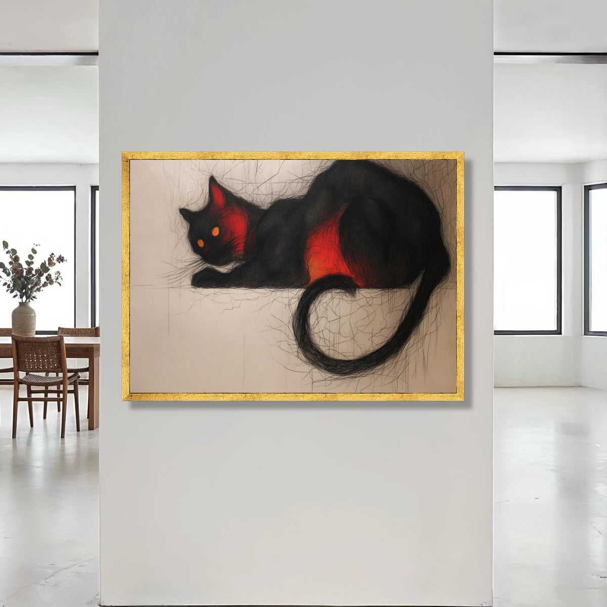 Black Cat with Fiery Red Highlights, Modern Feline Art Canvas, Abstract Cat Wall Decoration, Contemporary Animal Canvas, Canvas Print Art