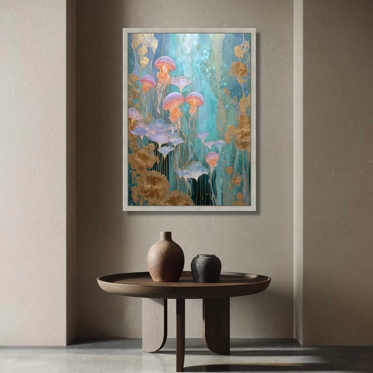 Ethereal Jellyfish Garden Canvas, Ocean Blue Wall Art, Underwater Floral Design, Modern Abstract Marine Canvas, Home Canvas Print Art