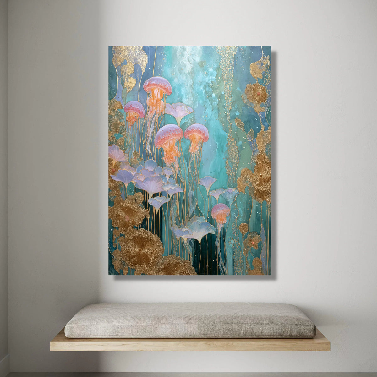 Ethereal Jellyfish Garden Canvas, Ocean Blue Wall Art, Underwater Floral Design, Modern Abstract Marine Canvas, Home Canvas Print Art