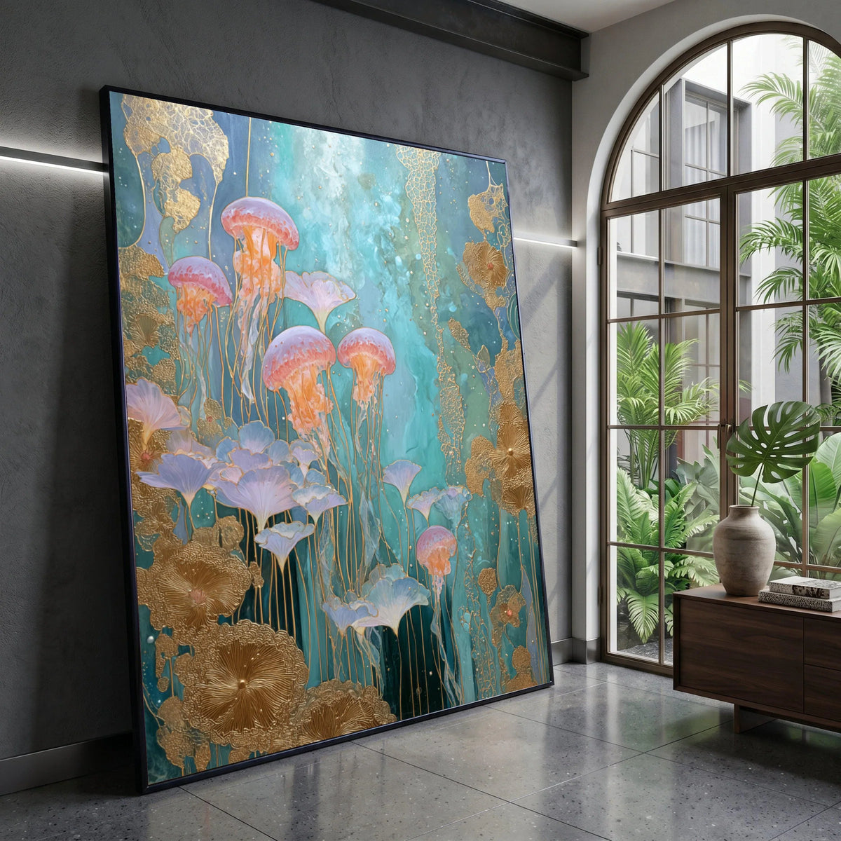 Ethereal Jellyfish Garden Canvas, Ocean Blue Wall Art, Underwater Floral Design, Modern Abstract Marine Canvas, Home Canvas Print Art