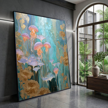 Ethereal Jellyfish Garden Canvas, Ocean Blue Wall Art, Underwater Floral Design, Modern Abstract Marine Canvas, Home Canvas Print Art