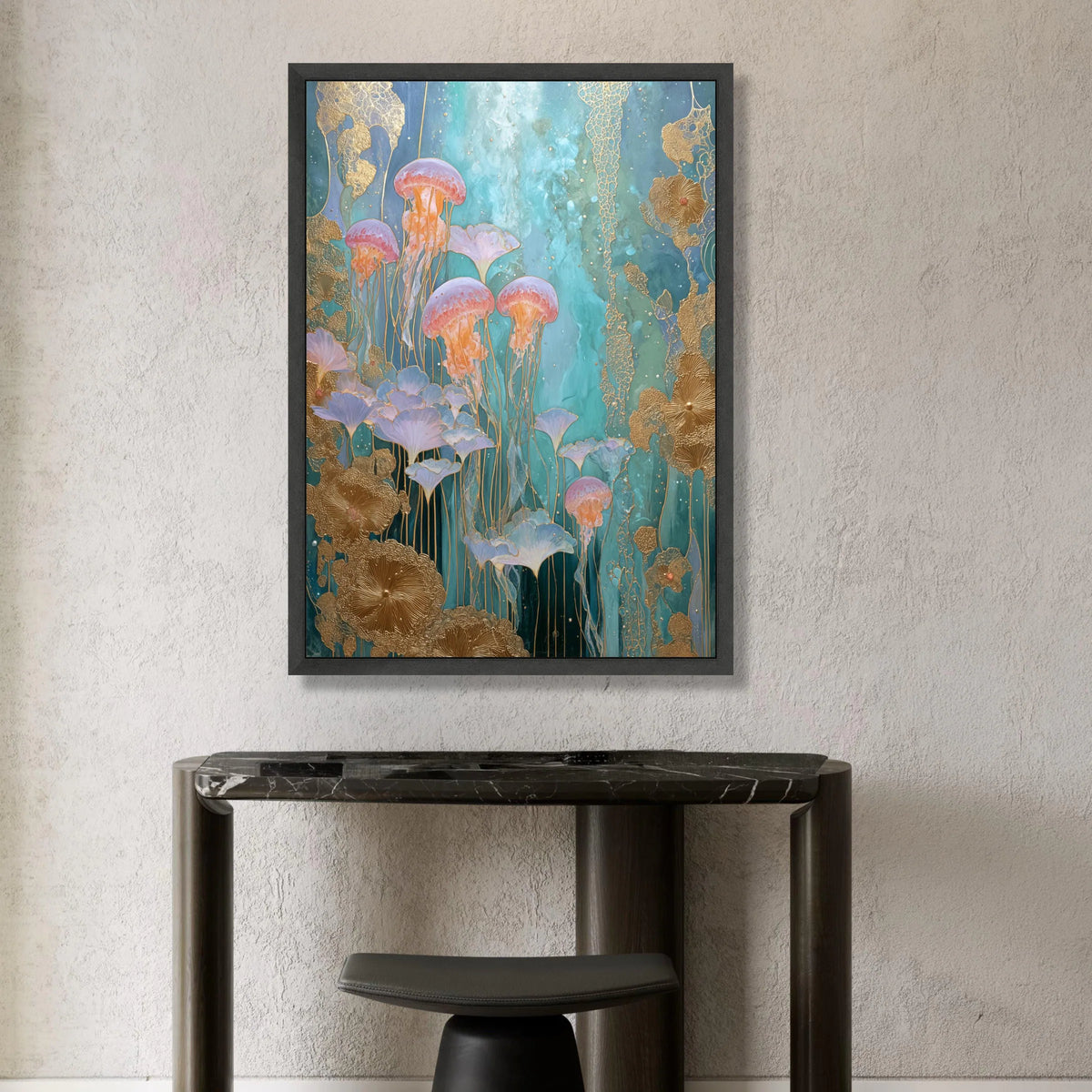 Ethereal Jellyfish Garden Canvas, Ocean Blue Wall Art, Underwater Floral Design, Modern Abstract Marine Canvas, Home Canvas Print Art