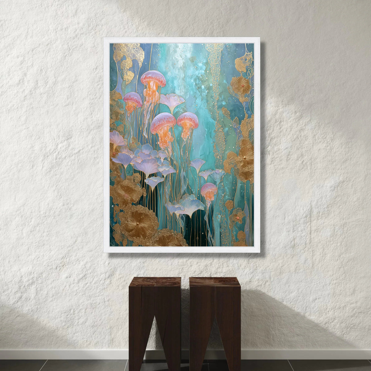 Ethereal Jellyfish Garden Canvas, Ocean Blue Wall Art, Underwater Floral Design, Modern Abstract Marine Canvas, Home Canvas Print Art