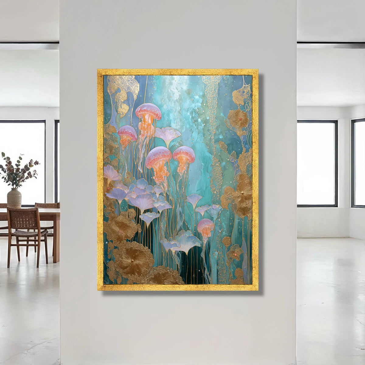 Ethereal Jellyfish Garden Canvas, Ocean Blue Wall Art, Underwater Floral Design, Modern Abstract Marine Canvas, Home Canvas Print Art