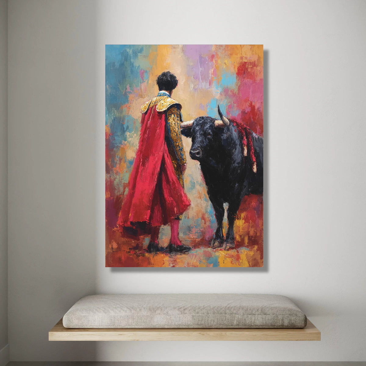 Bullfighter with Red Cape Canvas, Spanish Matador Wall Art, Vibrant Abstract Background, Bold Animal Portrait, Ready to Canvas Print Art