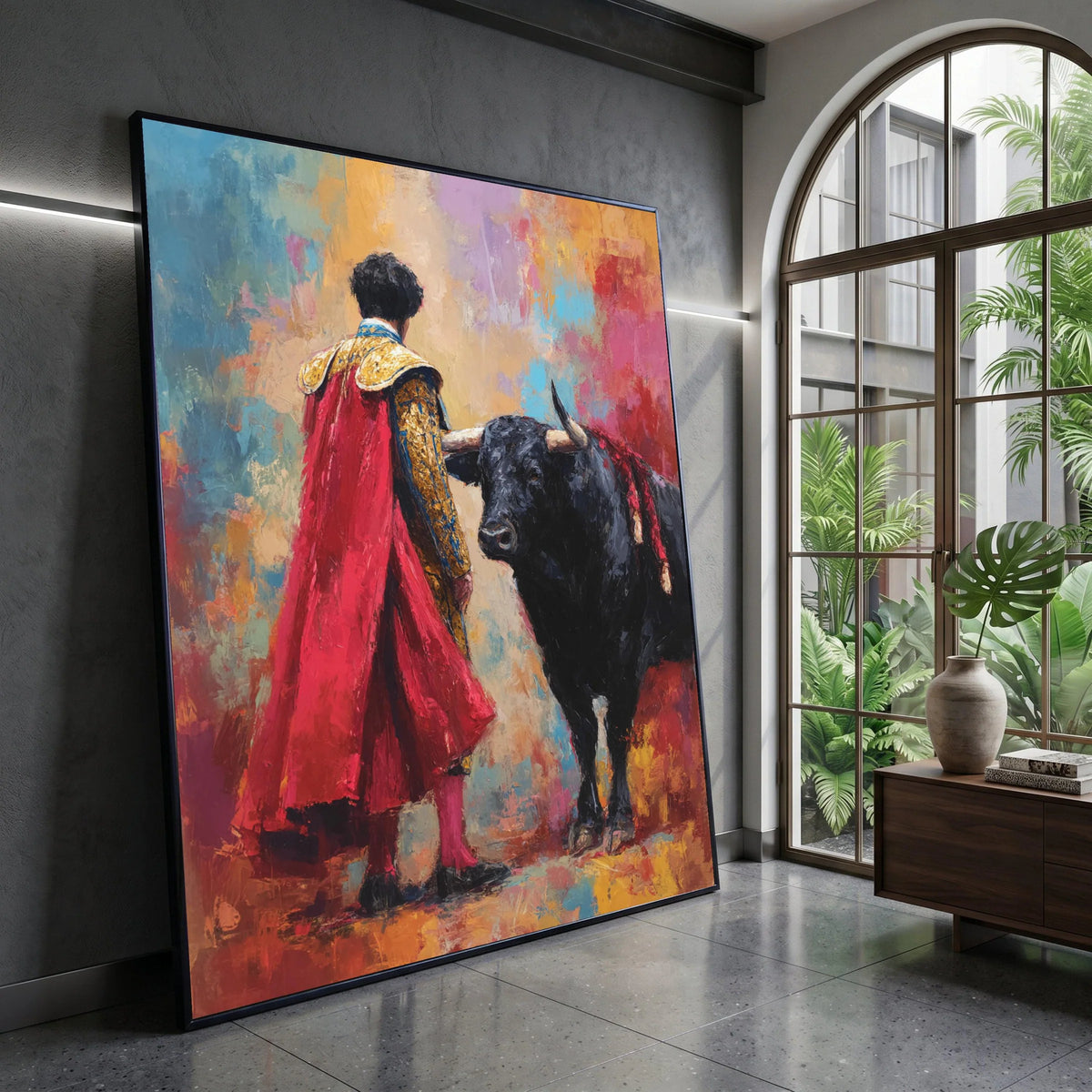 Bullfighter with Red Cape Canvas, Spanish Matador Wall Art, Vibrant Abstract Background, Bold Animal Portrait, Ready to Canvas Print Art