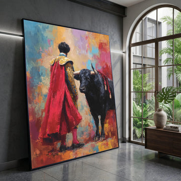 Bullfighter with Red Cape Canvas, Spanish Matador Wall Art, Vibrant Abstract Background, Bold Animal Portrait, Ready to Canvas Print Art