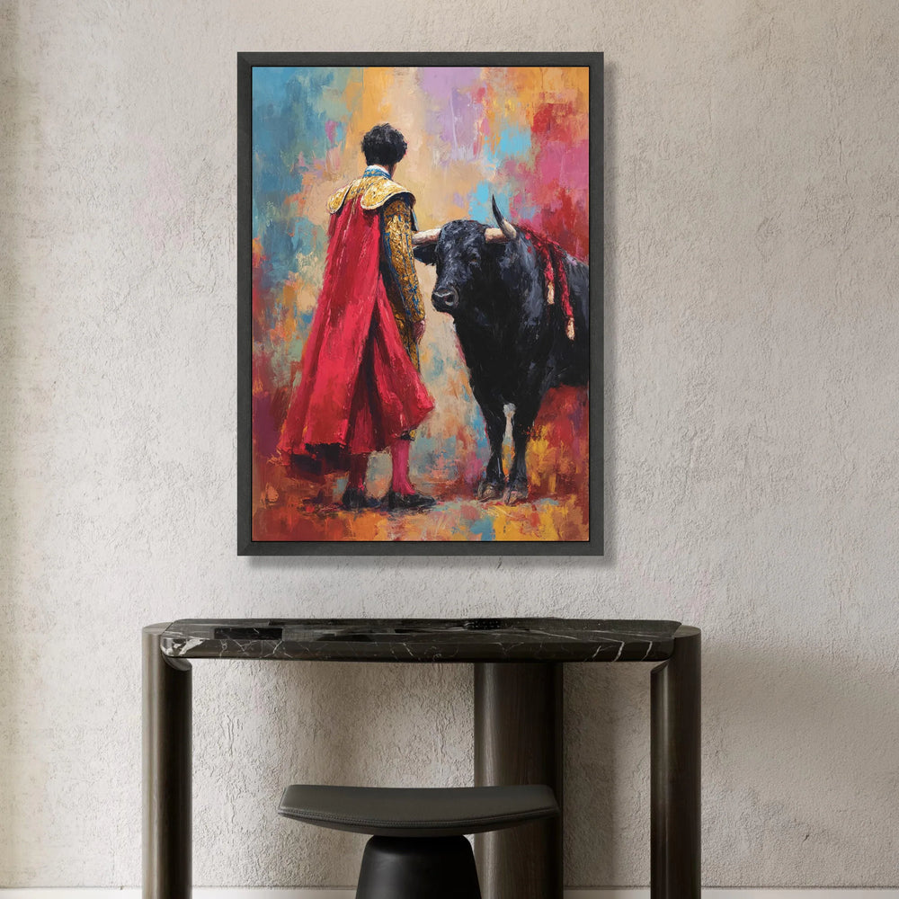 Bullfighter with Red Cape Canvas, Spanish Matador Wall Art, Vibrant Abstract Background, Bold Animal Portrait, Ready to Canvas Print Art