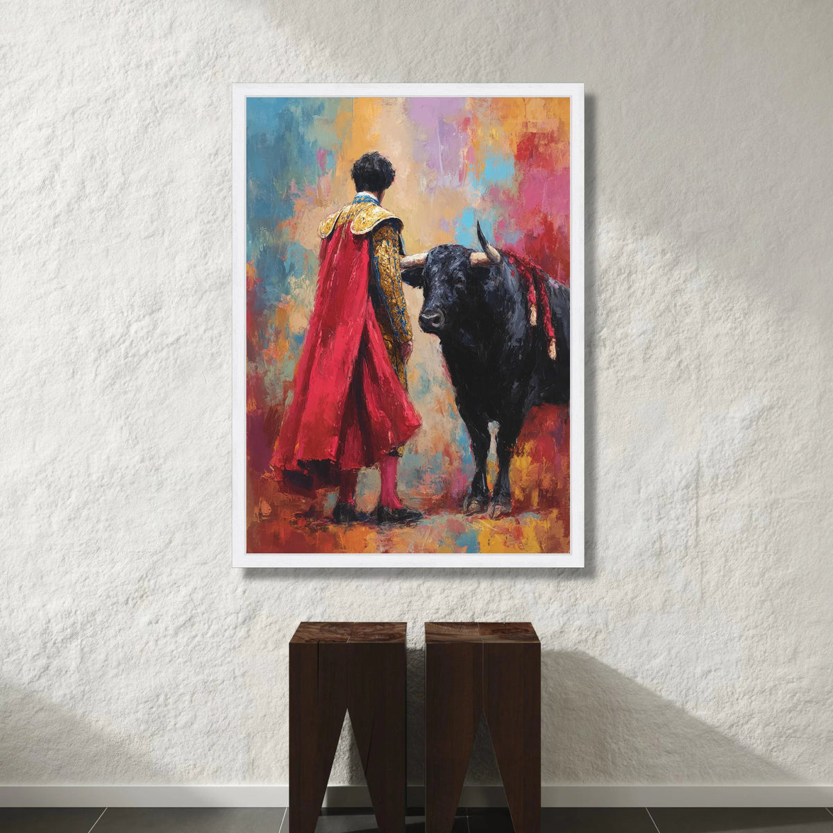 Bullfighter with Red Cape Canvas, Spanish Matador Wall Art, Vibrant Abstract Background, Bold Animal Portrait, Ready to Canvas Print Art