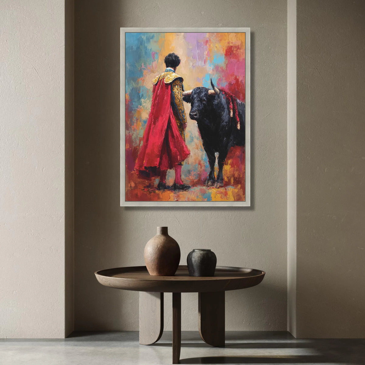 Bullfighter with Red Cape Canvas, Spanish Matador Wall Art, Vibrant Abstract Background, Bold Animal Portrait, Ready to Canvas Print Art
