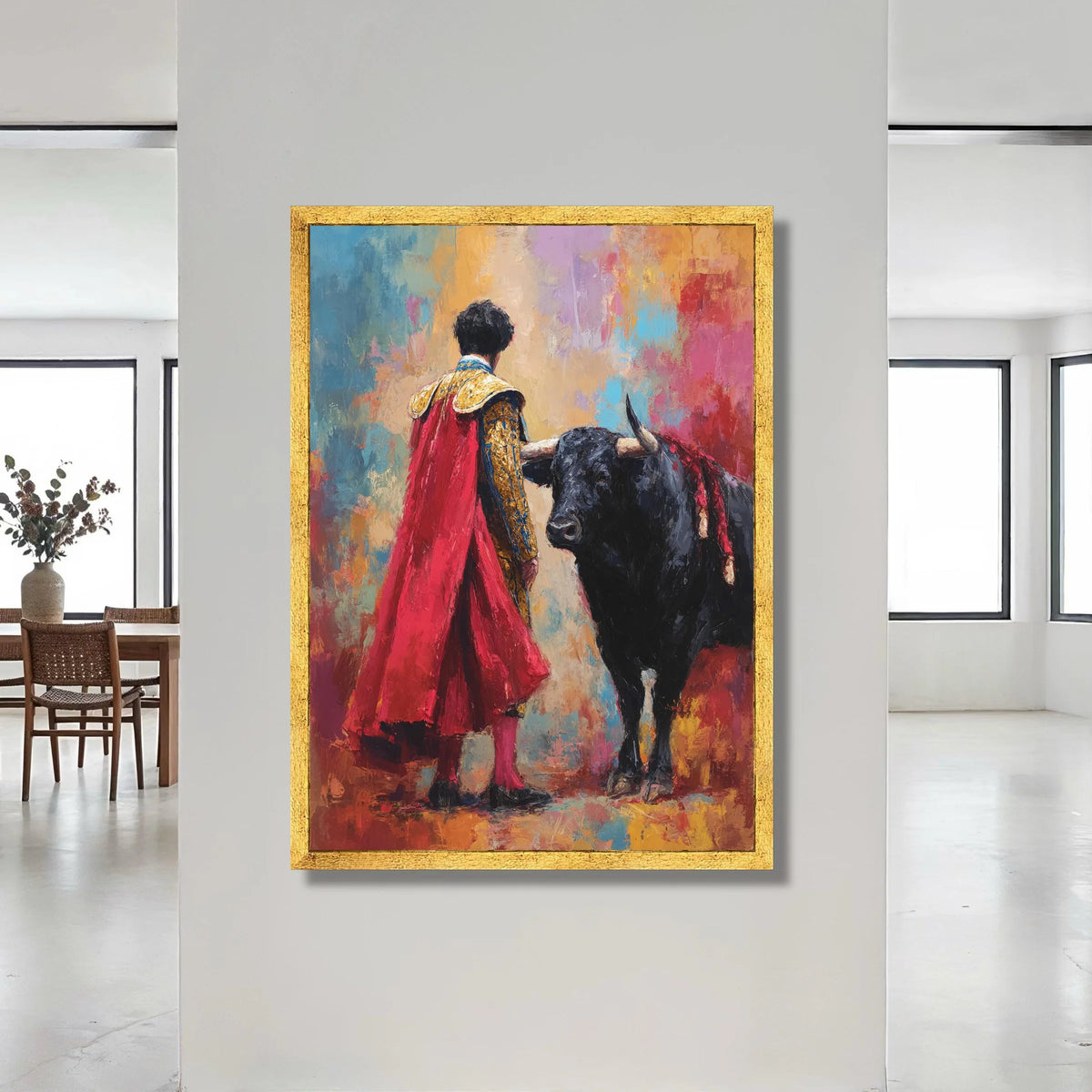 Bullfighter with Red Cape Canvas, Spanish Matador Wall Art, Vibrant Abstract Background, Bold Animal Portrait, Ready to Canvas Print Art