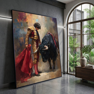 Classic Bullfighter with Red Cape Canvas, Matador Wall Art, Spanish Culture Canvas, Dramatic Bullfighting Scene, Canvas Print Art