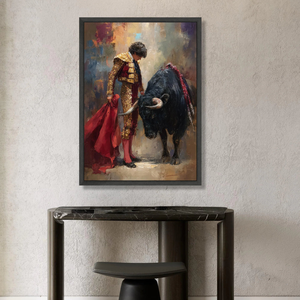 Classic Bullfighter with Red Cape Canvas, Matador Wall Art, Spanish Culture Canvas, Dramatic Bullfighting Scene, Canvas Print Art