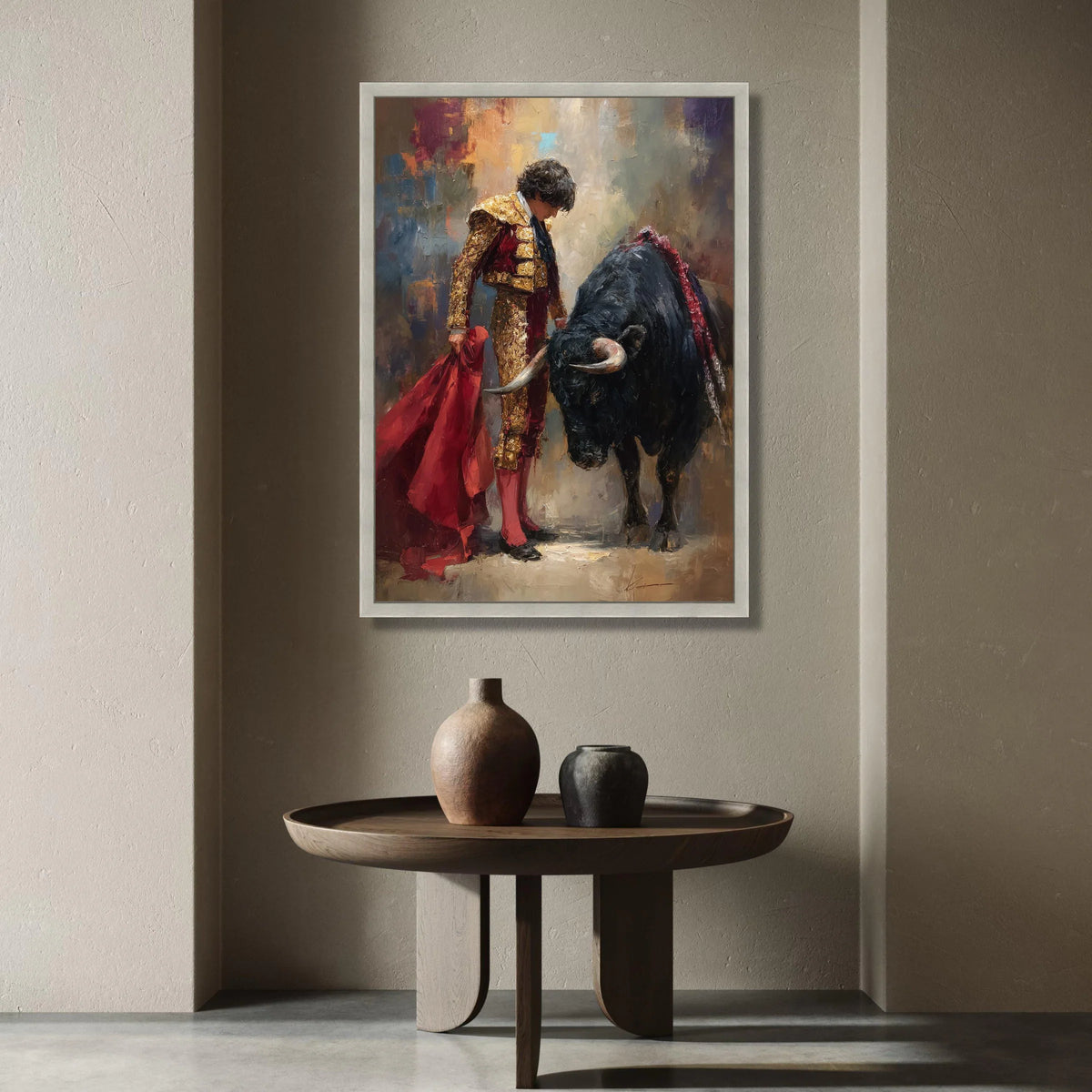 Classic Bullfighter with Red Cape Canvas, Matador Wall Art, Spanish Culture Canvas, Dramatic Bullfighting Scene, Canvas Print Art