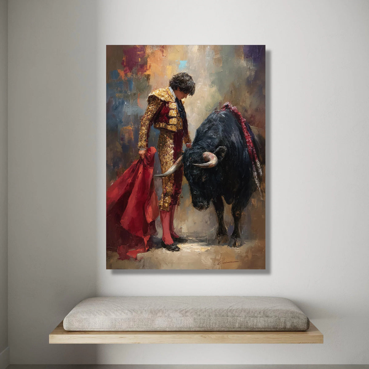 Classic Bullfighter with Red Cape Canvas, Matador Wall Art, Spanish Culture Canvas, Dramatic Bullfighting Scene, Canvas Print Art
