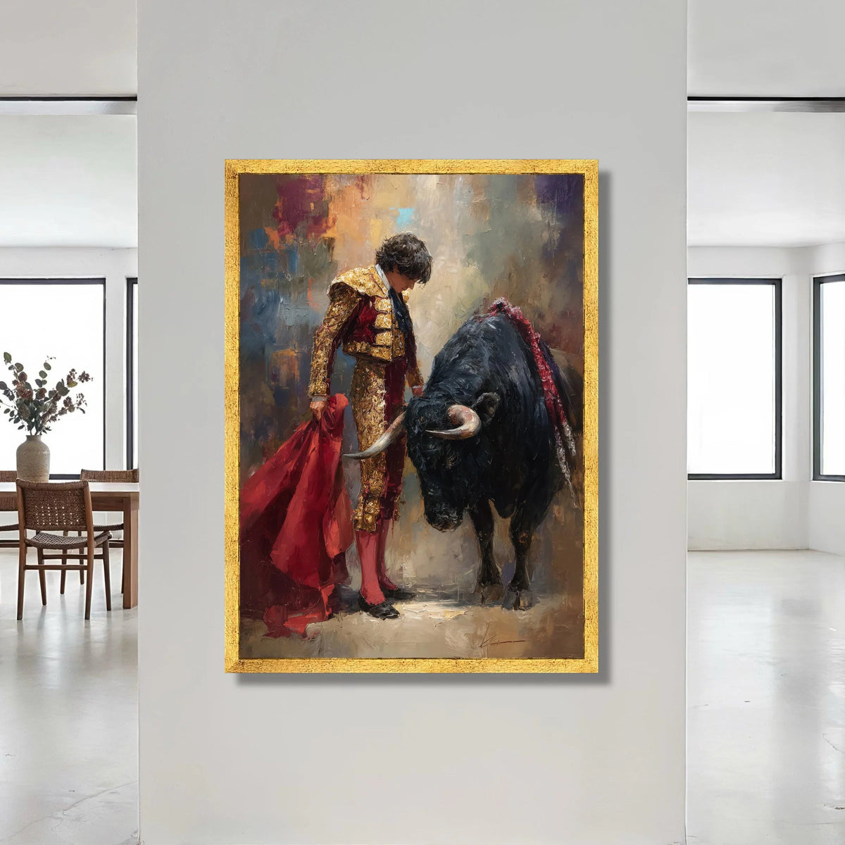Classic Bullfighter with Red Cape Canvas, Matador Wall Art, Spanish Culture Canvas, Dramatic Bullfighting Scene, Canvas Print Art