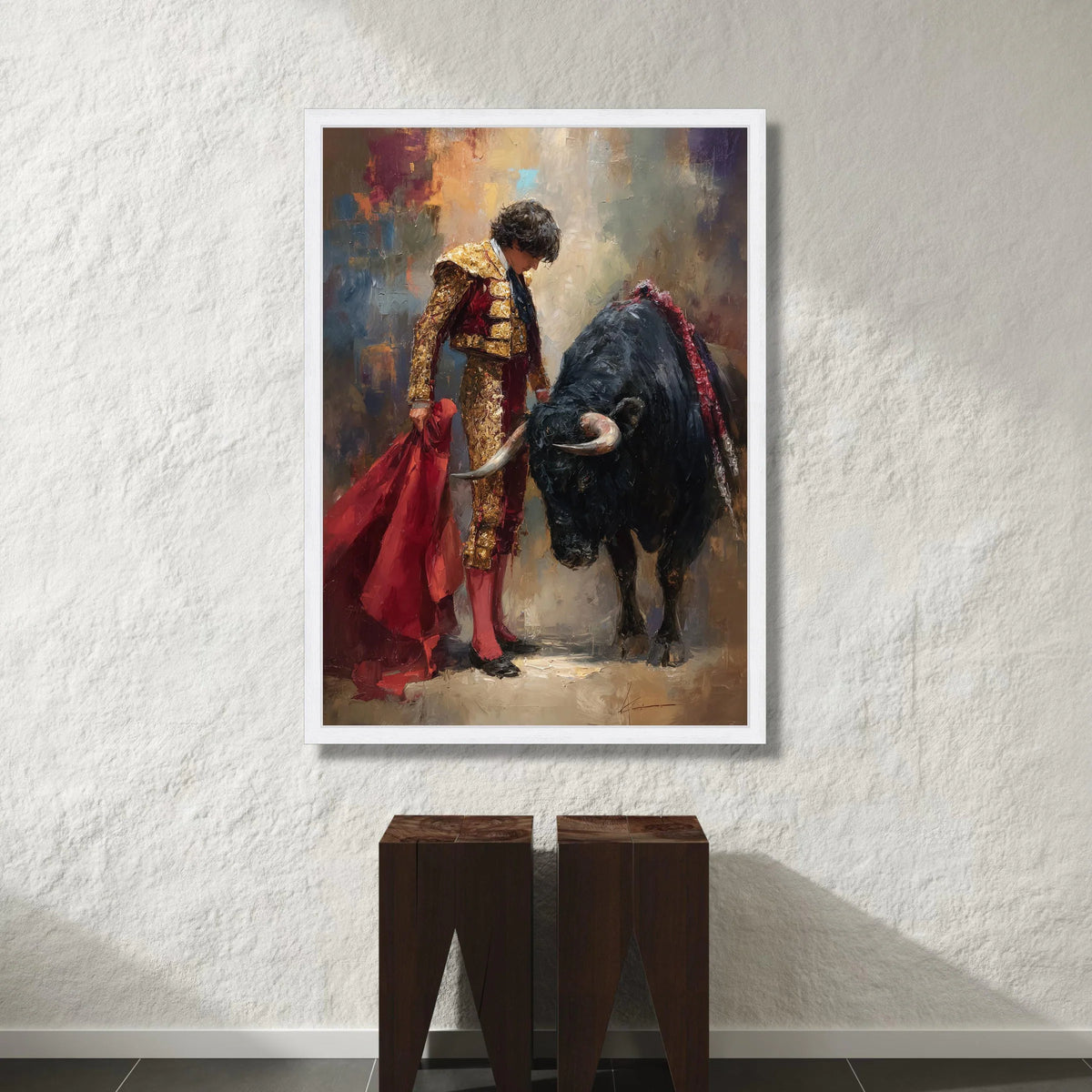 Classic Bullfighter with Red Cape Canvas, Matador Wall Art, Spanish Culture Canvas, Dramatic Bullfighting Scene, Canvas Print Art