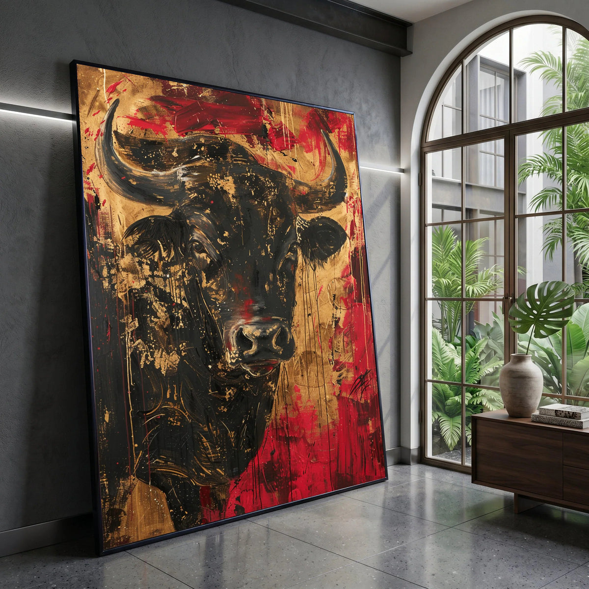Majestic Bull Portrait Canvas, Bold Red and Black Animal Wall Art, Contemporary Wildlife Decoration, Statement Canvas Print Canvas Print Art