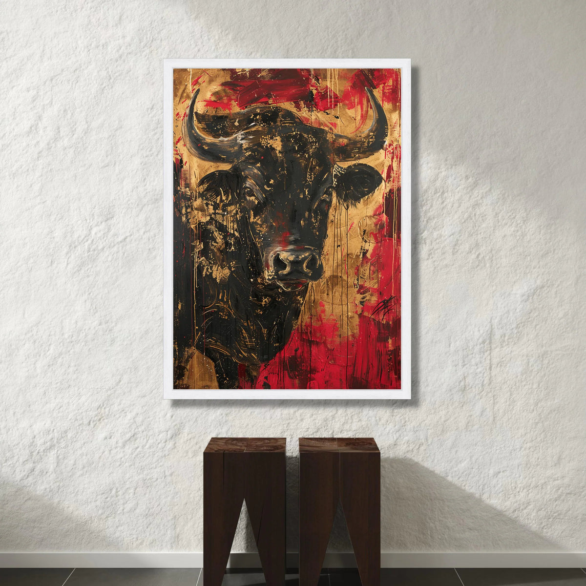 Majestic Bull Portrait Canvas, Bold Red and Black Animal Wall Art, Contemporary Wildlife Decoration, Statement Canvas Print Canvas Print Art