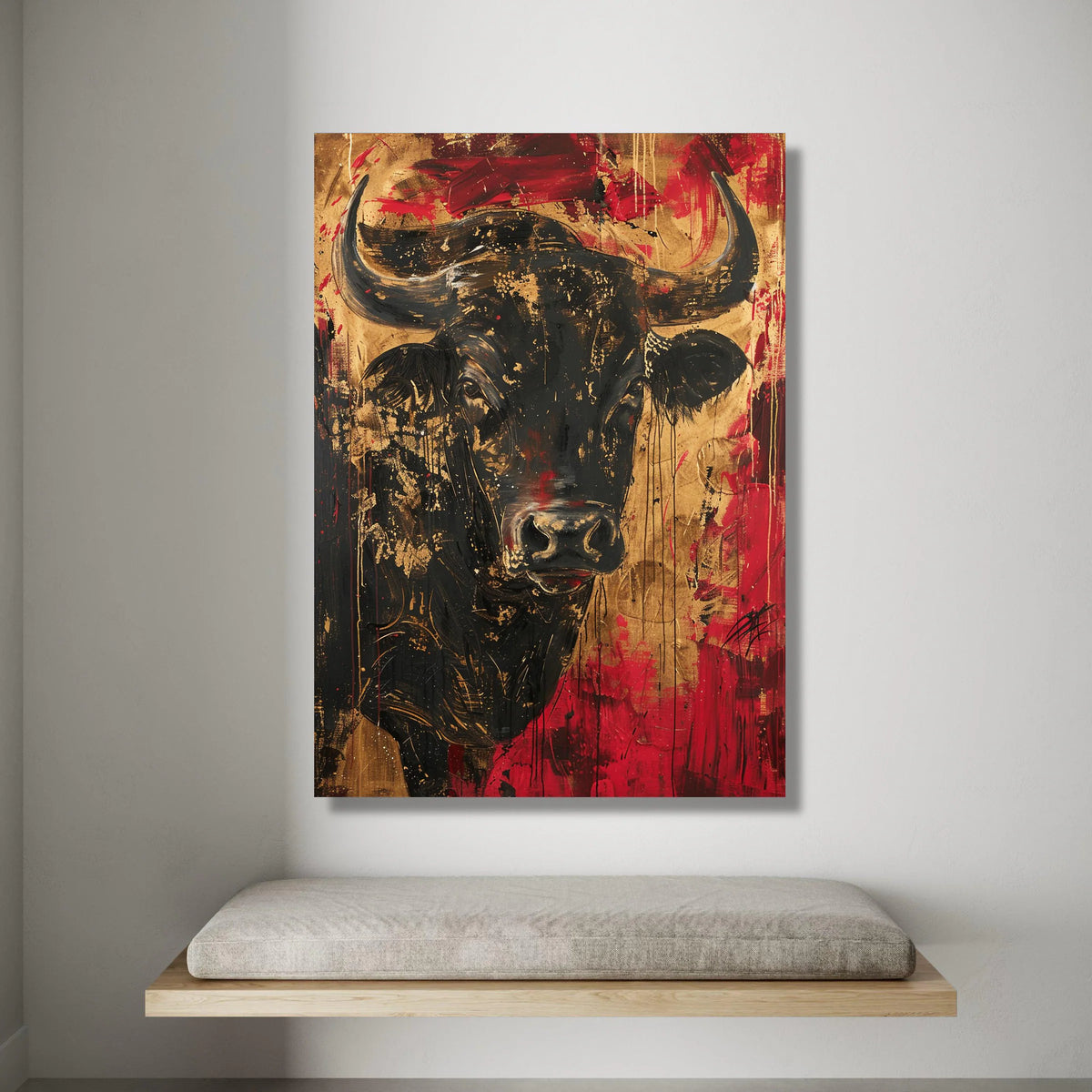 Majestic Bull Portrait Canvas, Bold Red and Black Animal Wall Art, Contemporary Wildlife Decoration, Statement Canvas Print Canvas Print Art